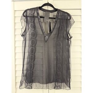 Heather by Bordeaux Lace Trim Sheer V-Neck Blouse Women L Black NEW